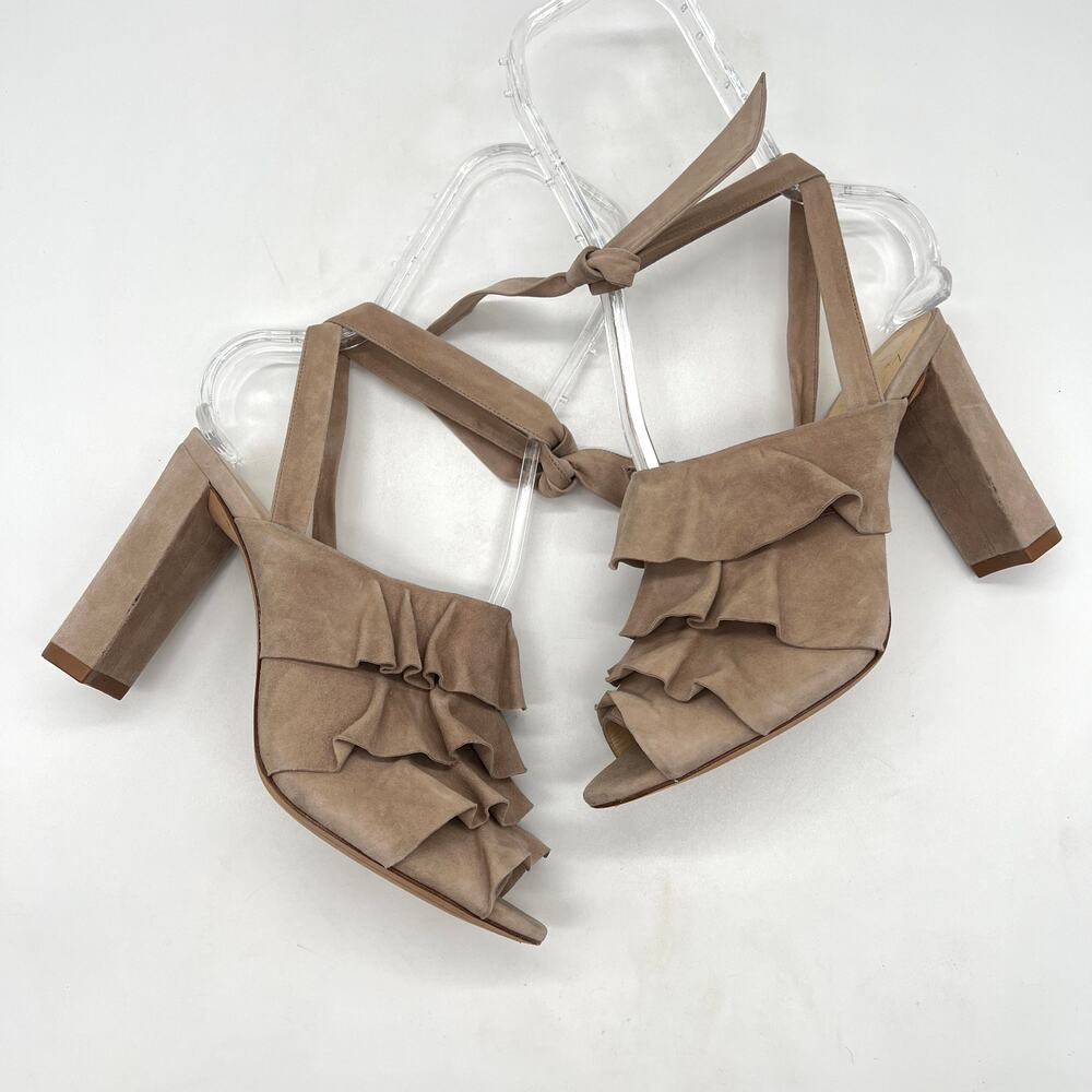 ALEXANDRE BIRMAN Ruffle Suede Heels Womens 37 Taupe Leather Ankle Wrap Sandal - Picture 4 of 16